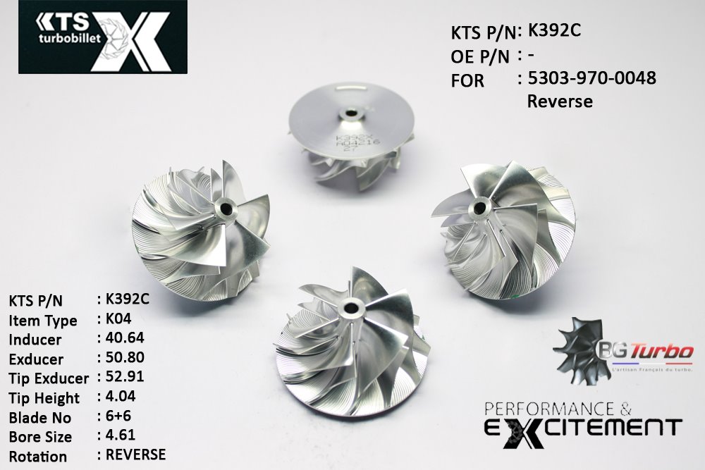 Turbo ROUE FORGÉE MFS PERFORMANCE - 6+6 PALES - INDUCER : 40,64 - EXDUCER : 50,8 - TYPE : K04ANGLE : 55° - ROTATION : Reverse - SUPER BACK : 2,6 - BORE SIZE : 4,61
